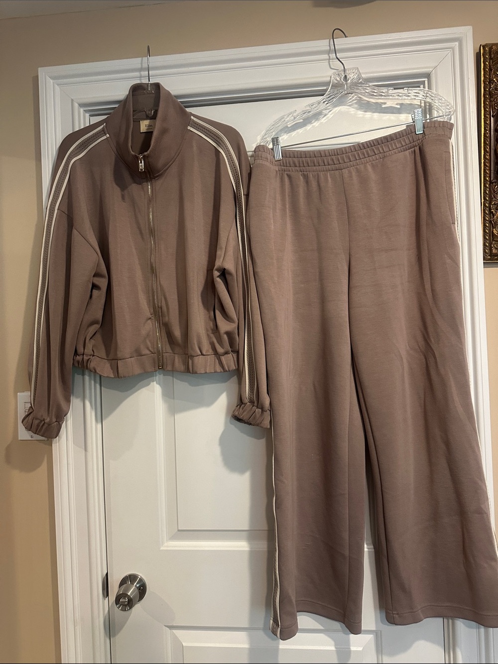 Elie Tahari Mauve-Taupe Track Jacket and Wide-Leg Joggers